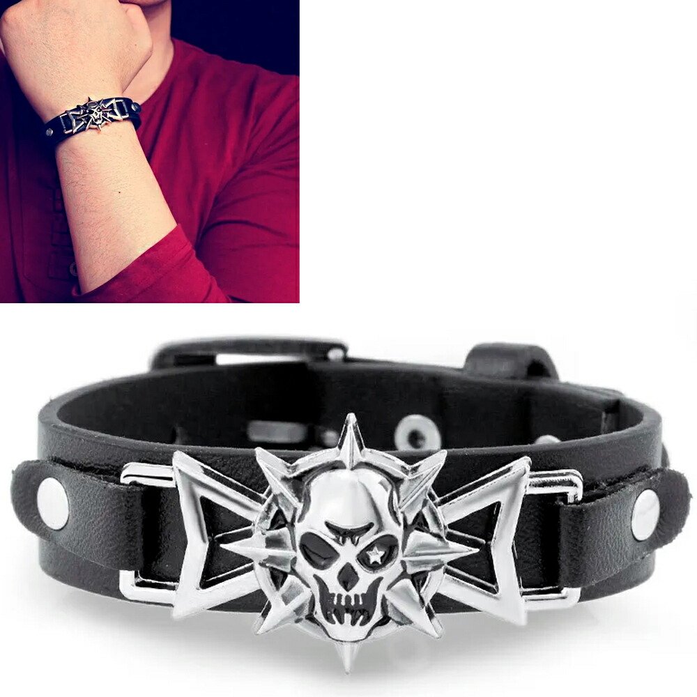 楽天市場】スパイクスカルブラックレザーブレスレット 本革 黒革 黒い