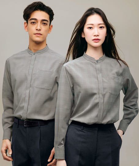 全2色】ユニセックススタンドカラーシャツ（長袖・ストレッチ・吸汗速